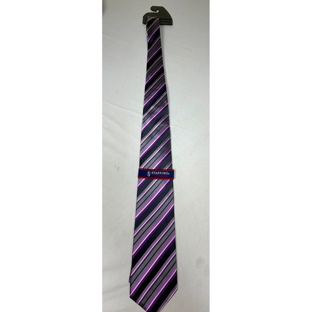 Stafford Performance Mens Silk Tie Violet Grey Black Striped Stain Resistant NEW